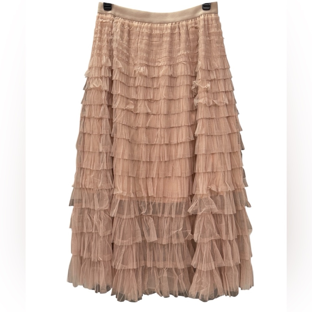 BiBi Nude Ruffle Tulle Elastic Maxi Skirt Bubble Midi Skirt withTiers NEW BOX35